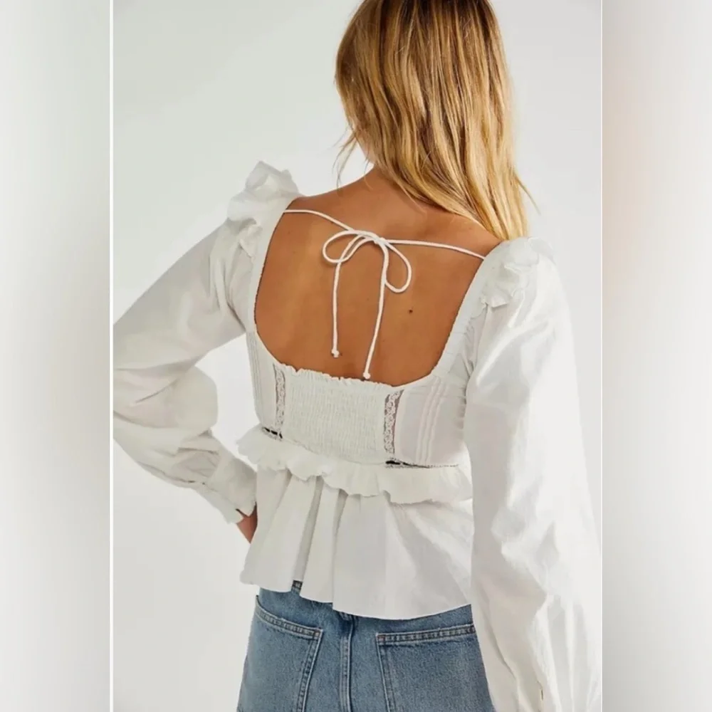 Free People Cathleen White Black Ruffle Long Sleeve Top Sz X-Small